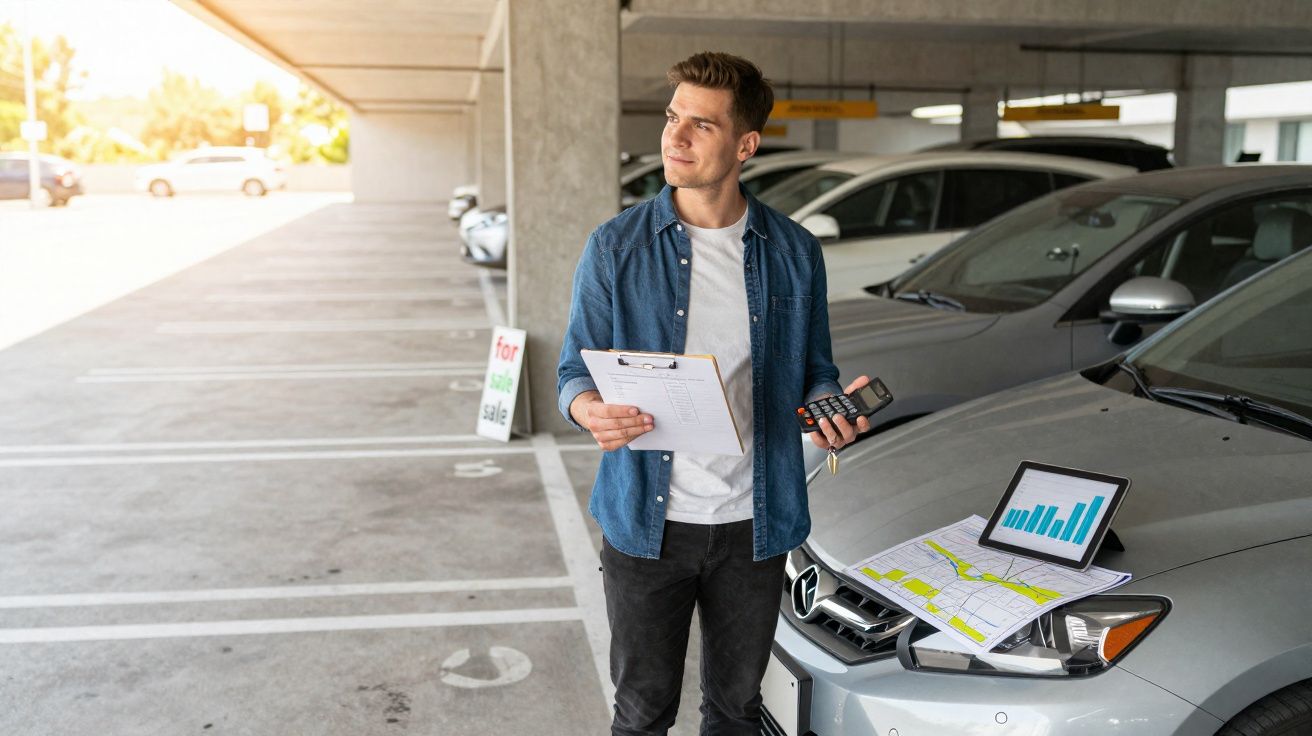 Homem com prancheta e calculadora ao lado de carro cinza em estacionamento coberto com placa de venda ao fundo.