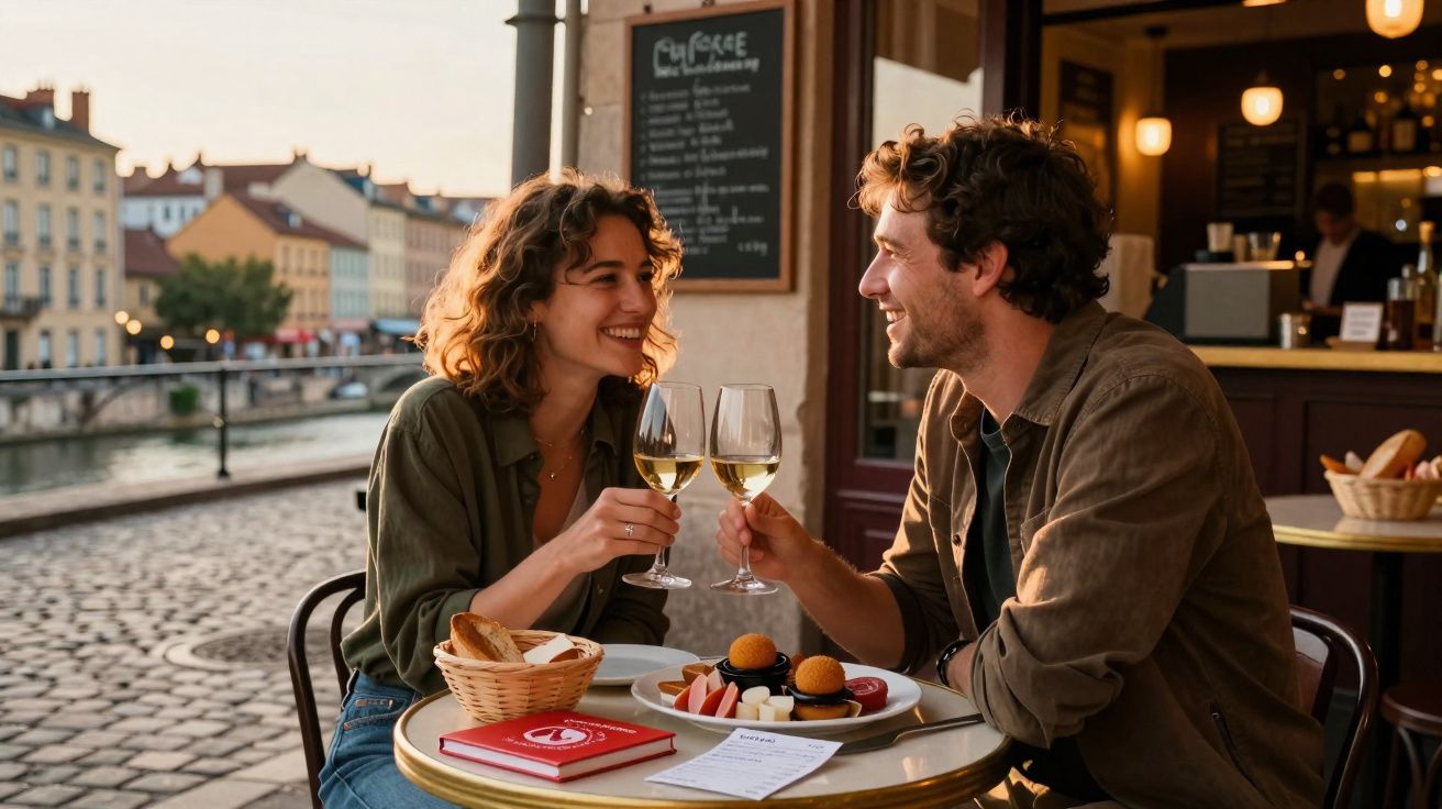Casal sorridente brindando com taças de vinho branco em um café ao ar livre próximo a um canal.