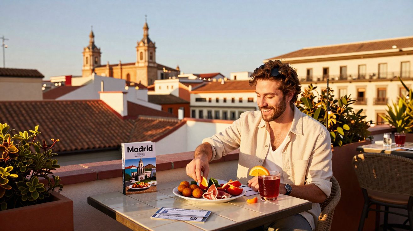 Homem sorrindo comendo petiscos em mesa na varanda com vista para edifícios ao pôr do sol em Madrid.