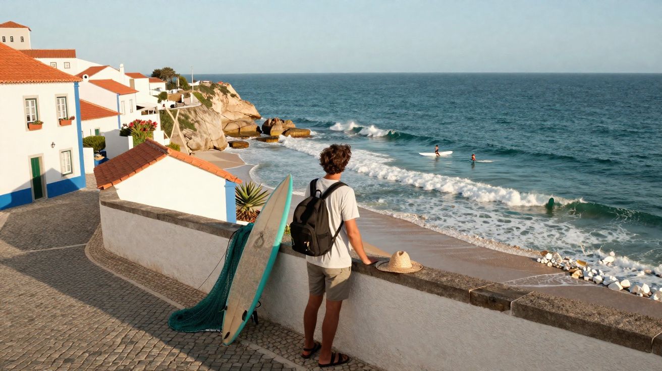 Homem olhando para o mar em vila litorânea, com prancha de surfe e redes na parede branca à sua frente.