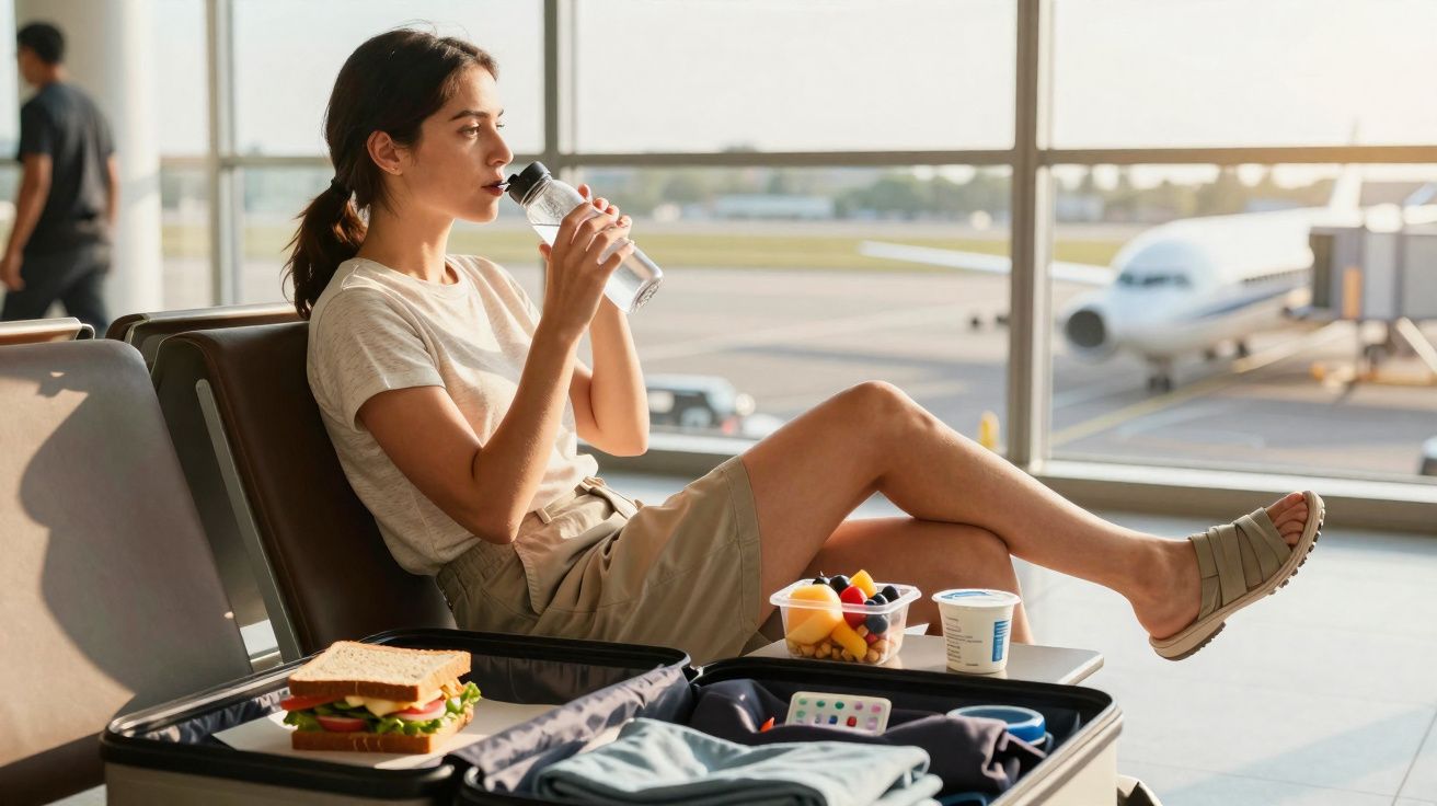 Mulher sentada em cadeira de aeroporto, bebendo água, com mala aberta e lanche ao lado, avião ao fundo.