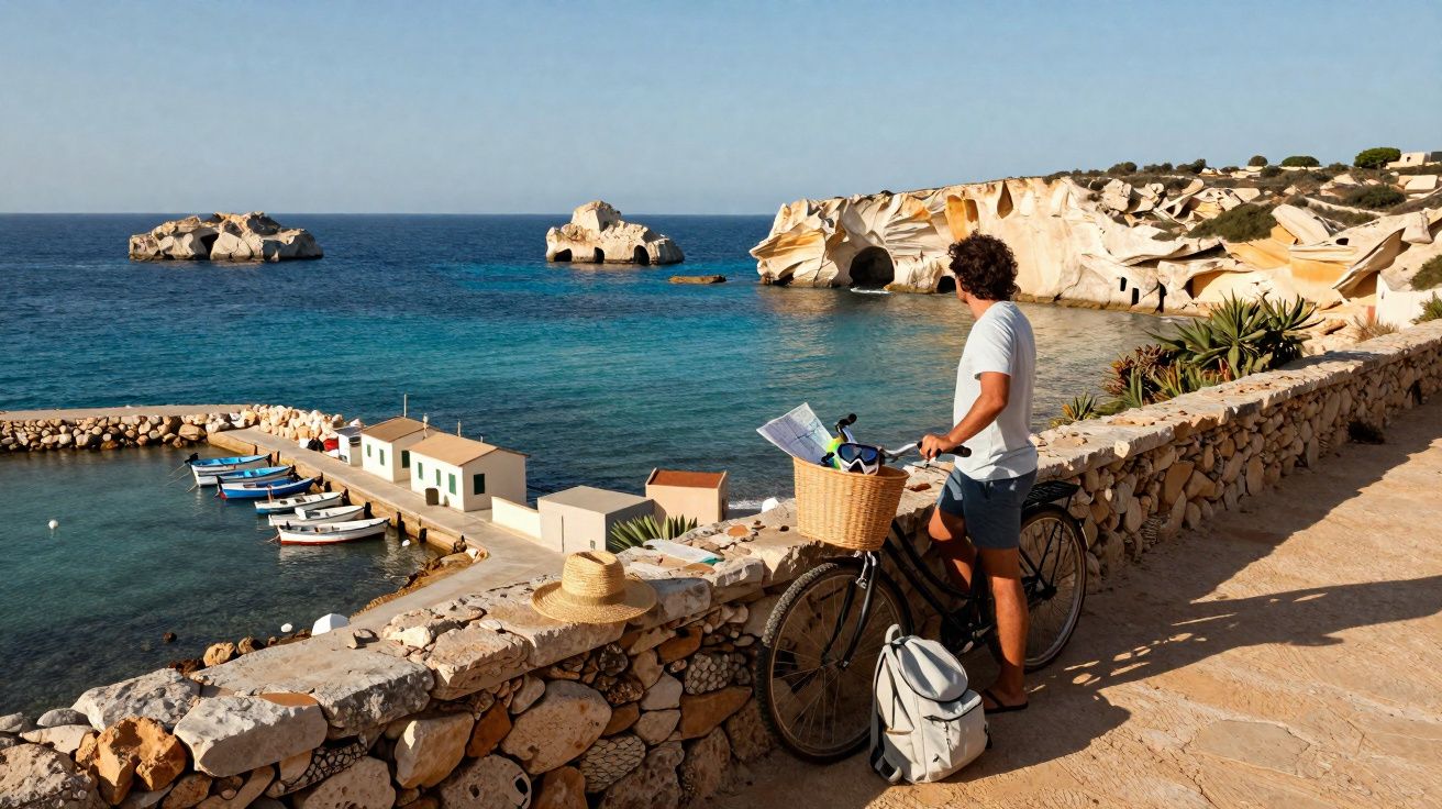 Homem de bicicleta observa o mar azul com formações rochosas e barcos em porto pequeno ensolarado.