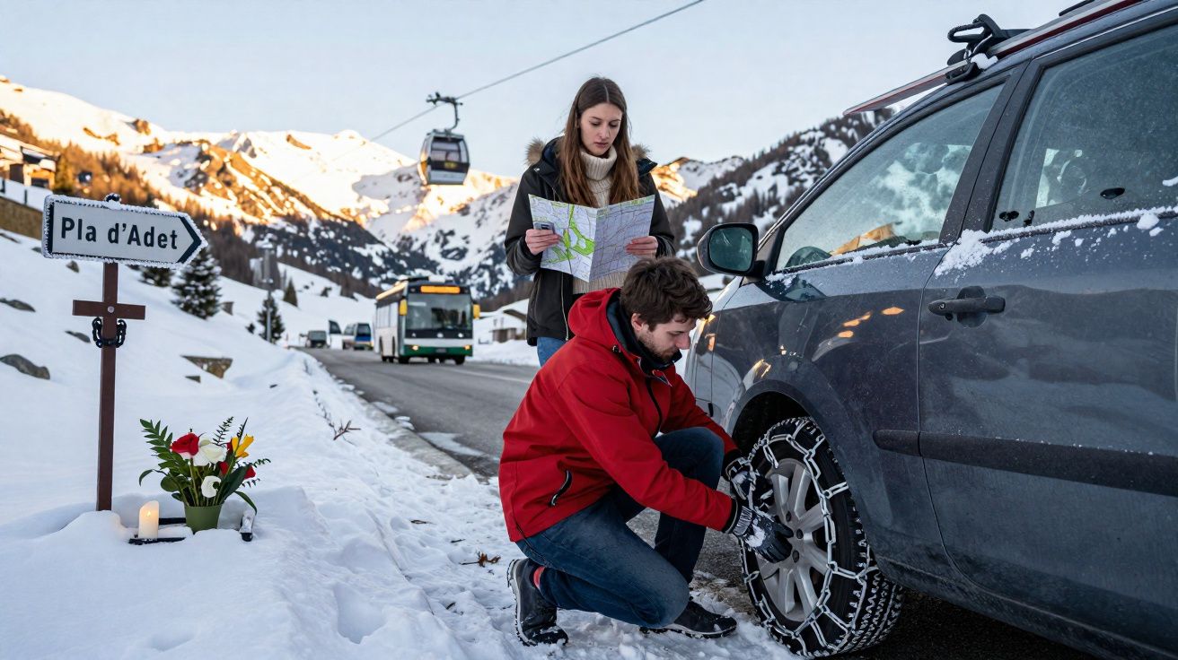 Casal na estrada de neve, homem coloca correntes no pneu e mulher lê mapa próximo a placa Pla d'Adet.