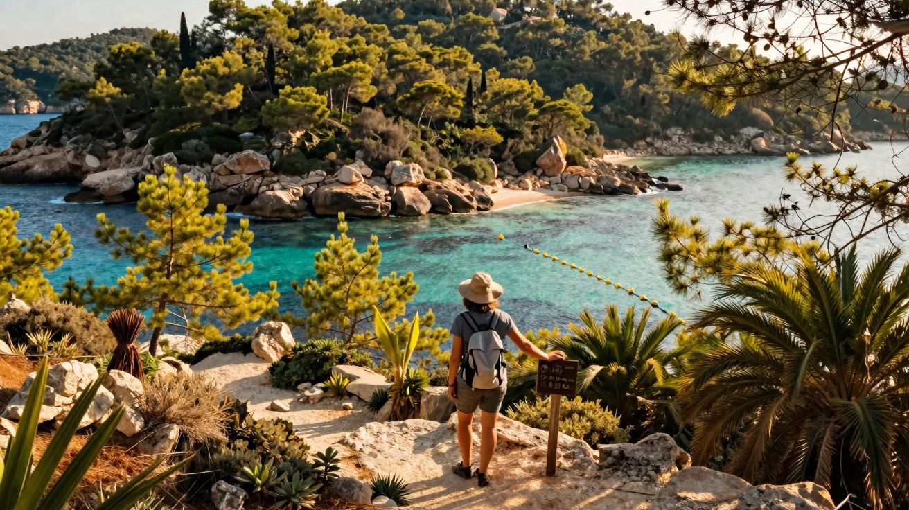 Pessoa com mochila e chapéu observa baía com água cristalina e ilha arborizada ao redor em cenário natural.