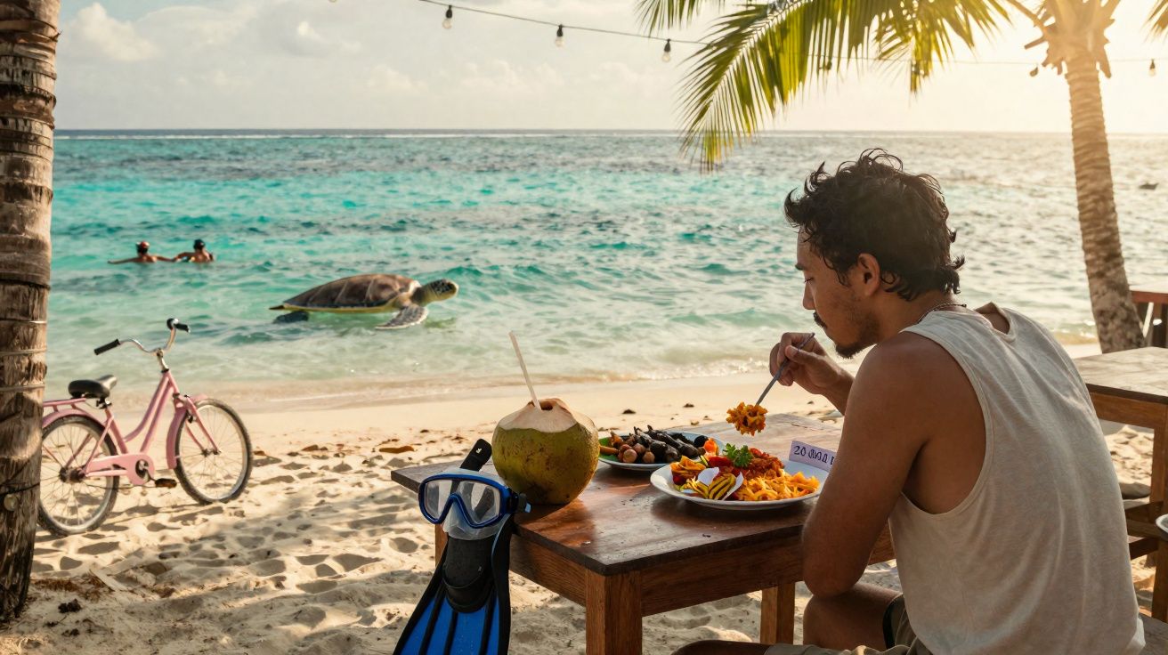 Homem sentado em mesa na praia com prato de comida, coco, máscara de mergulho, bicicleta e tartaruga no mar ao fundo.