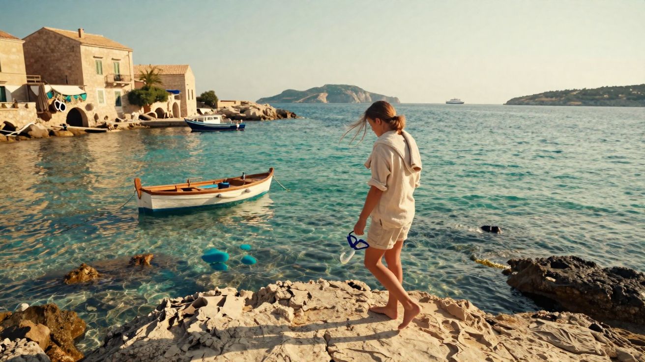 Jovem de roupas claras caminha descalça em pedras perto de barco ancorado em mar calmo ao entardecer.