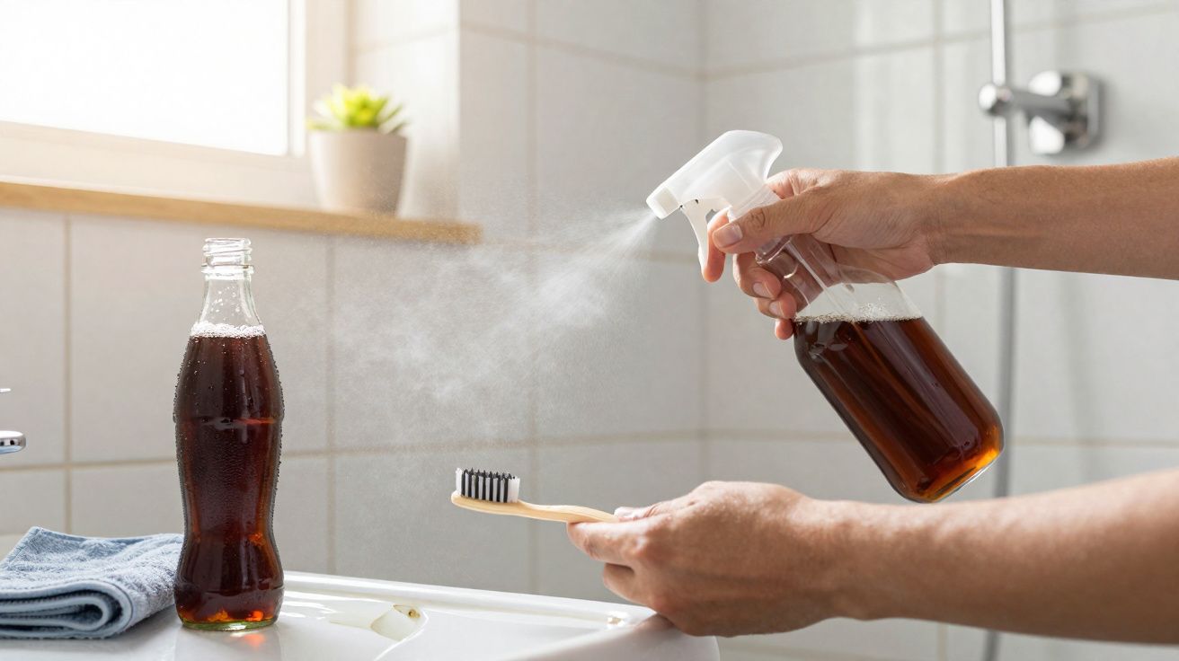Mãos pulverizando solução marrom em escova de dente de bambu em banheiro claro.