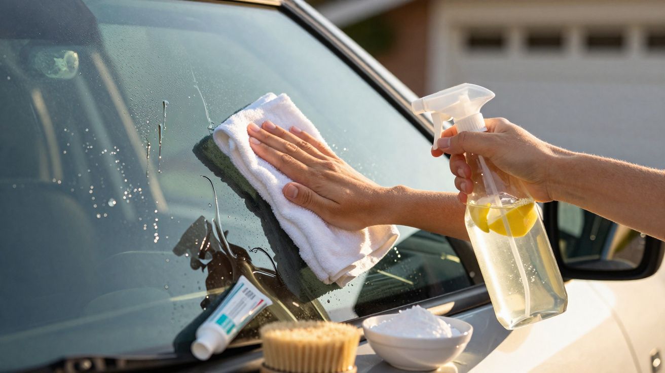 Pessoa limpando para-brisa de carro com pano branco e spray caseiro com limão.
