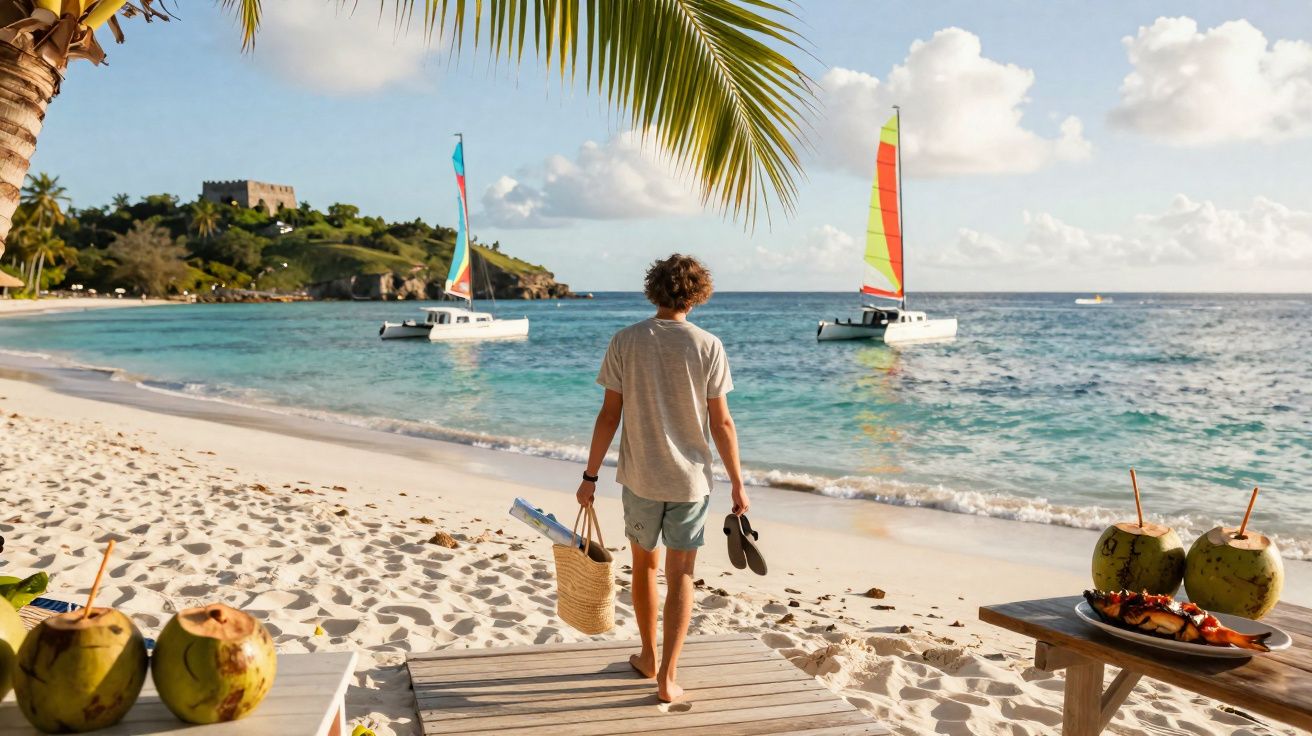 Pessoa caminhando descalça na praia com barcos e coqueiros ao fundo em dia ensolarado.