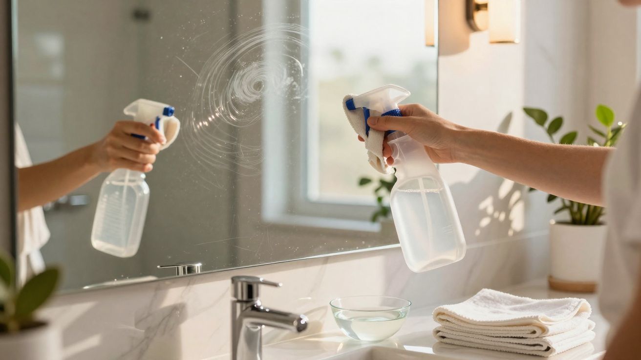 Pessoa borrifando produto de limpeza em espelho de banheiro com toalhas e plantas ao fundo.