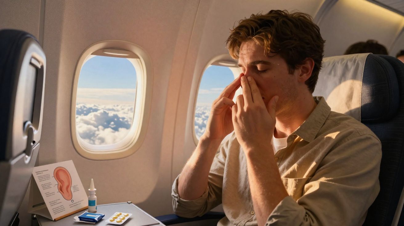 Homem sentado em avião, apertando o nariz, com remédios nas mãos e mapa do ouvido na mesa à frente.