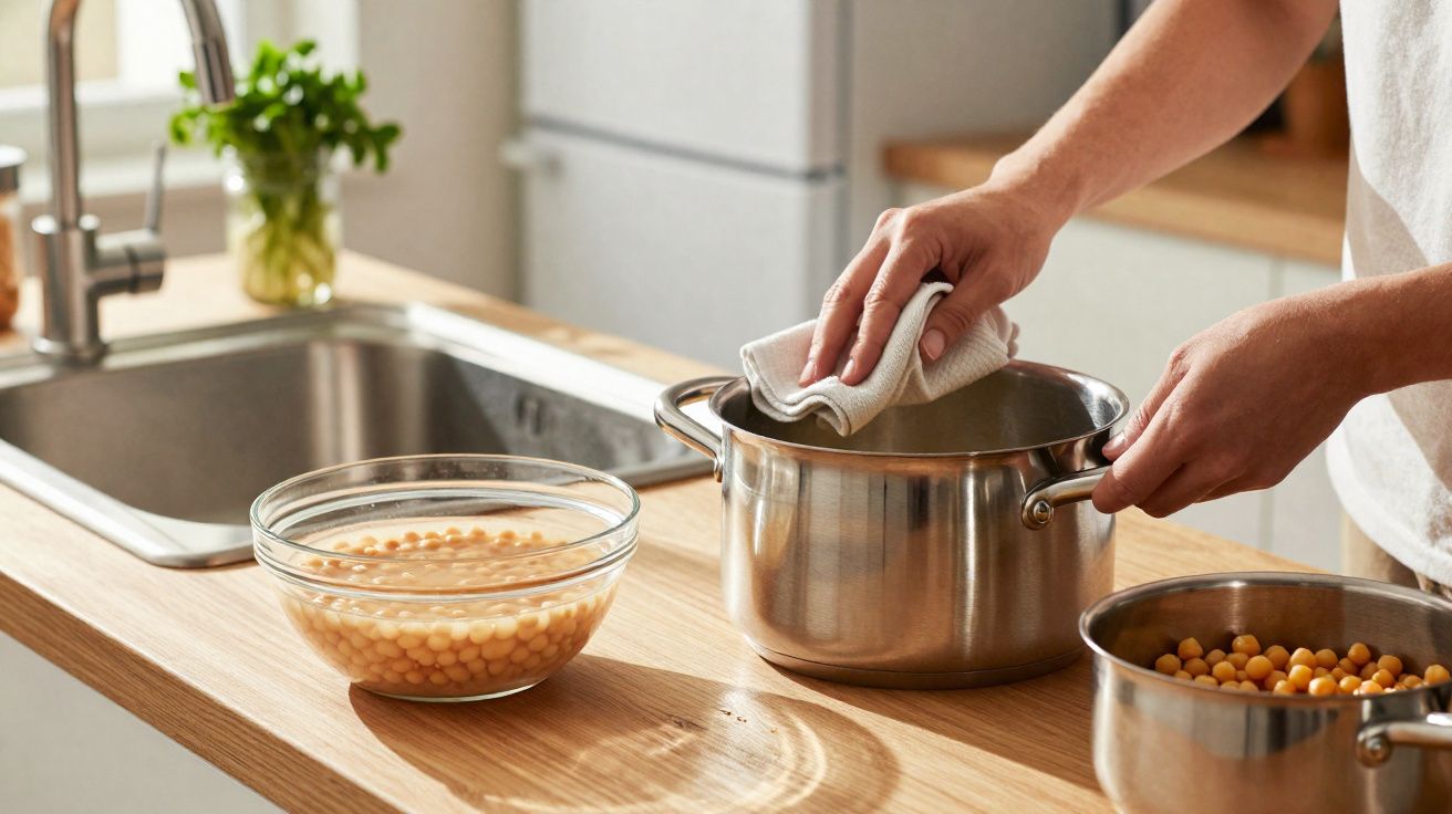 Pessoa limpando a borda de uma panela de inox em cozinha com feijão em tigelas ao lado.