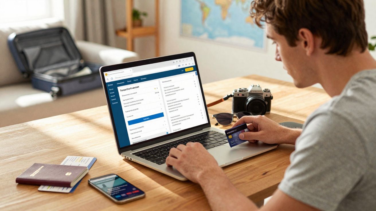Homem segurando cartão de crédito e fazendo reserva online em laptop, com passaporte, celular e mala ao fundo.
