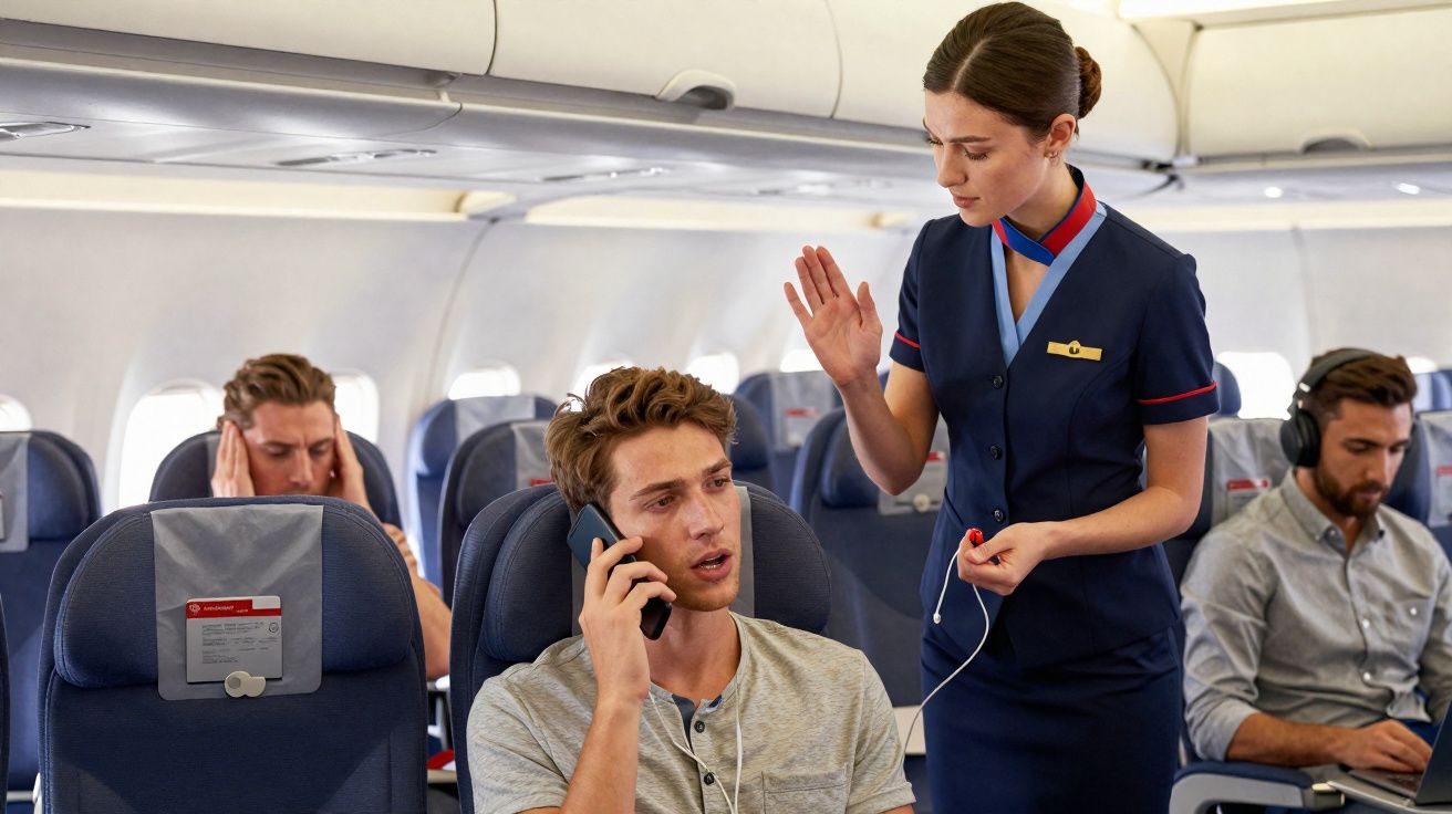 Comissária de bordo pedindo para passageiro desligar telefone durante voo em avião comercial.