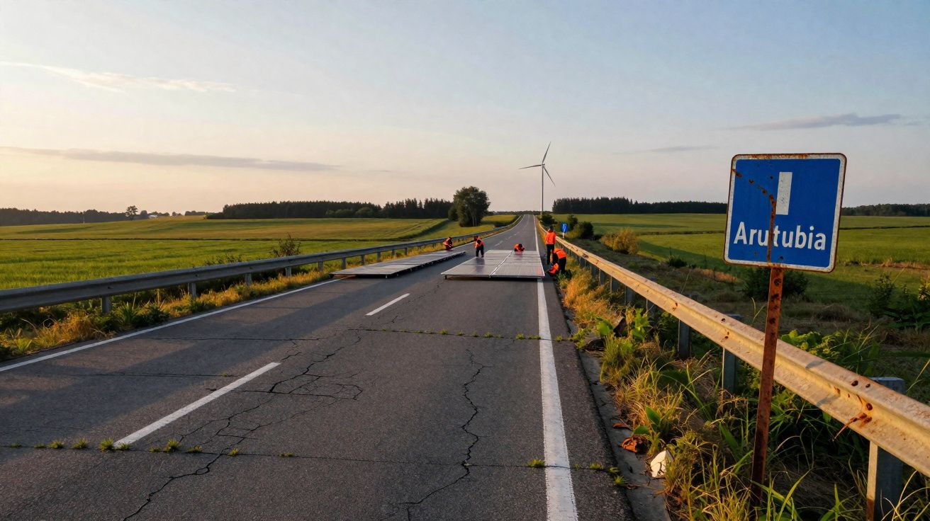 Estrada com trabalhadores instalando painéis solares, placa indicando o município de Arutibia e moinhos ao fundo.