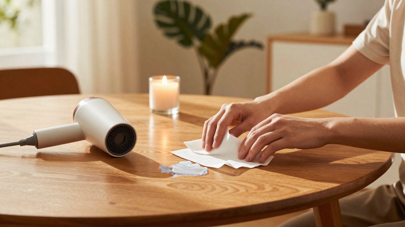 Pessoa limpando líquido derramado em mesa de madeira com papel toalha, secador e vela ao fundo.