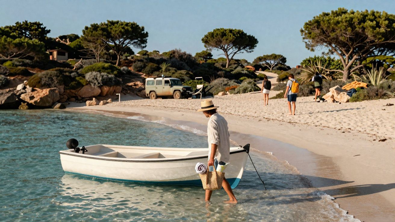 Homem de chapéu entrando em barco na água rasa de praia tranquila com árvores e pessoas ao fundo.