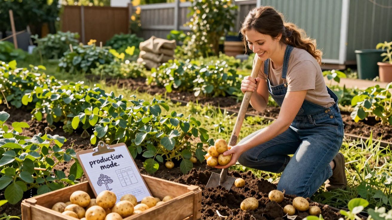 Jovem colhendo batatas em plantação orgânica, com caixa de madeira cheia de batatas ao lado.