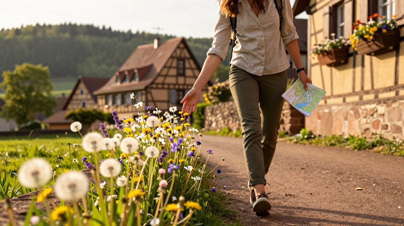 Mulher caminhando em vila rural, tocando flores, segurando mapa em caminho ao lado de casas e flores silvestres.