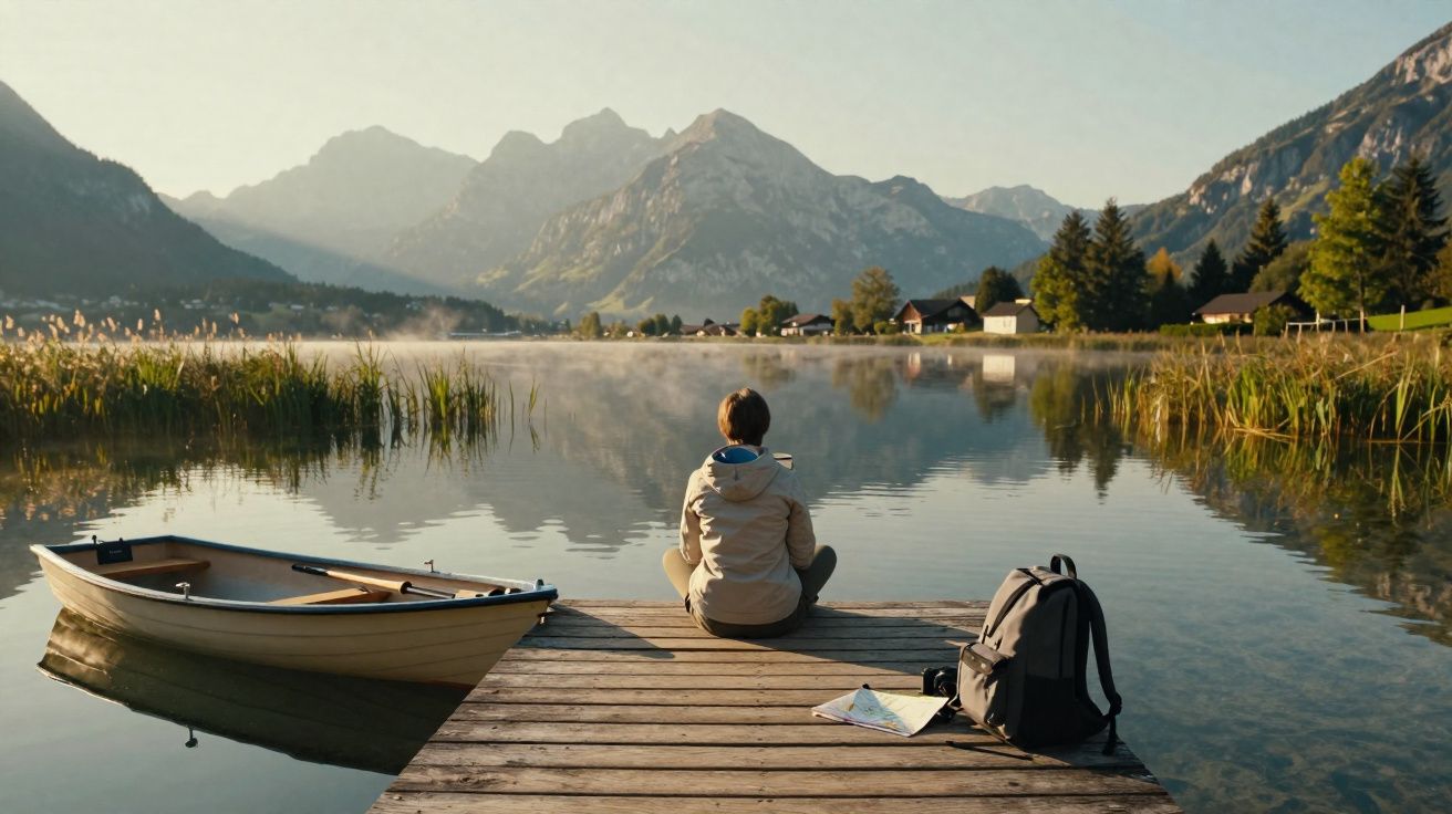 Pessoa sentada no cais de madeira em um lago calmo cercado por montanhas ao amanhecer.