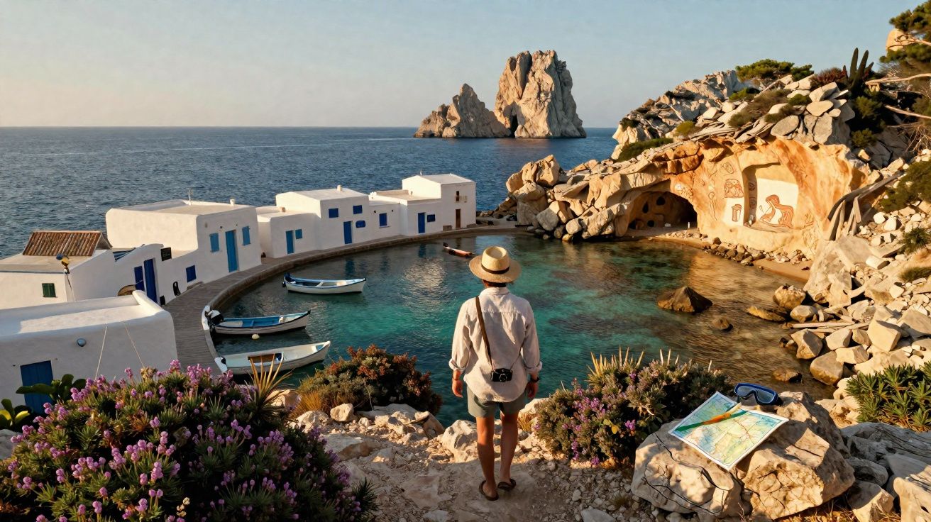 Pessoa de chapéu observa vilarejo branco e pedras no mar em porto com barcos pequenos e água cristalina.