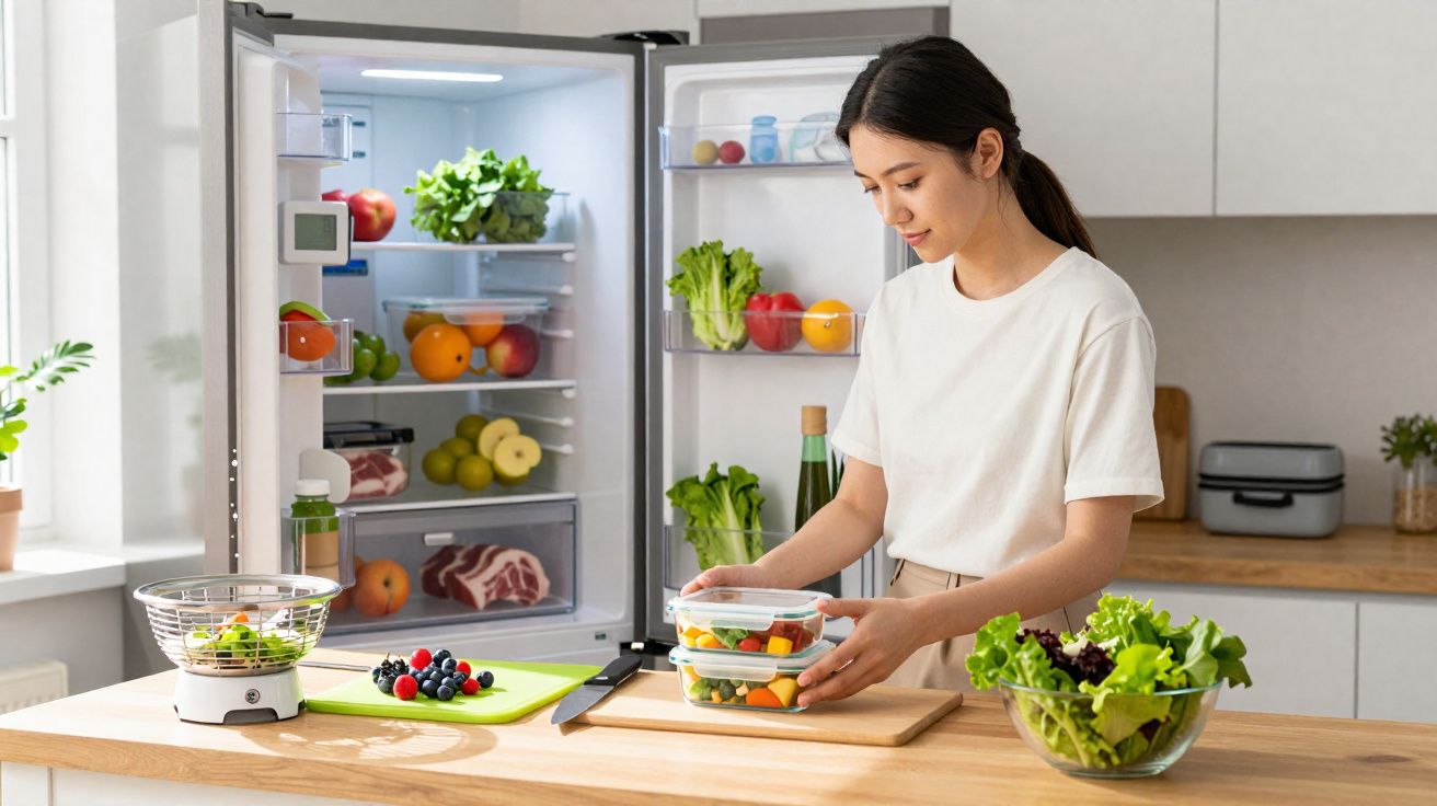 Mulher organizando potes com salada na cozinha, com geladeira aberta e alimentos frescos na bancada.