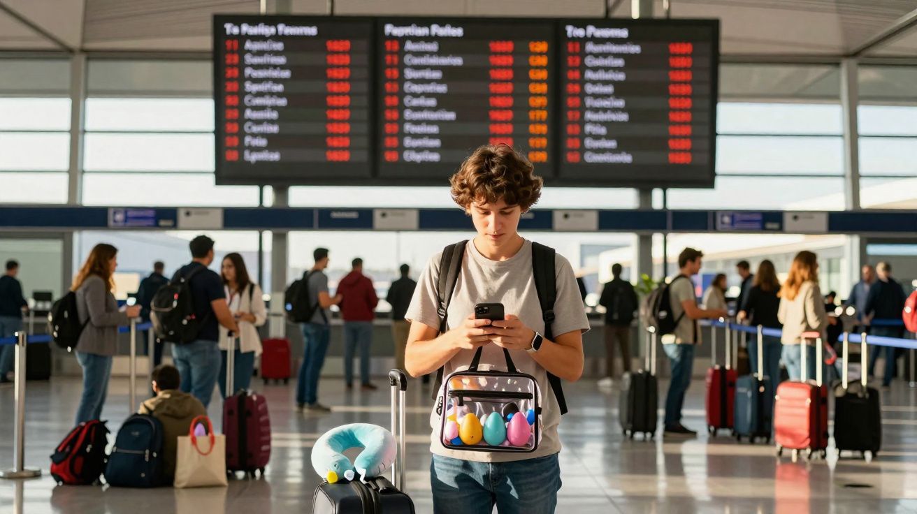 Jovem com mochila e bolsa transparente com ovos coloridos consulta celular em aeroporto movimentado.