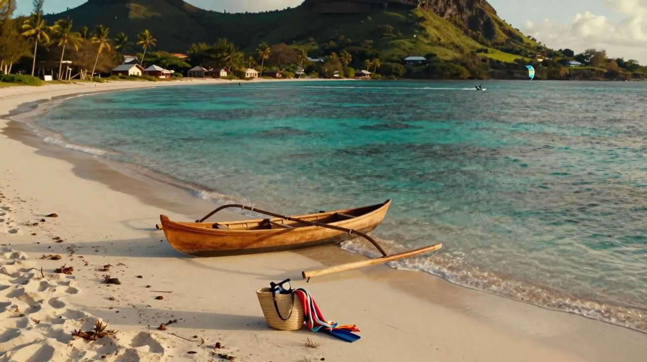 Barco de madeira na areia da praia com água azul e montanha ao fundo ao entardecer.