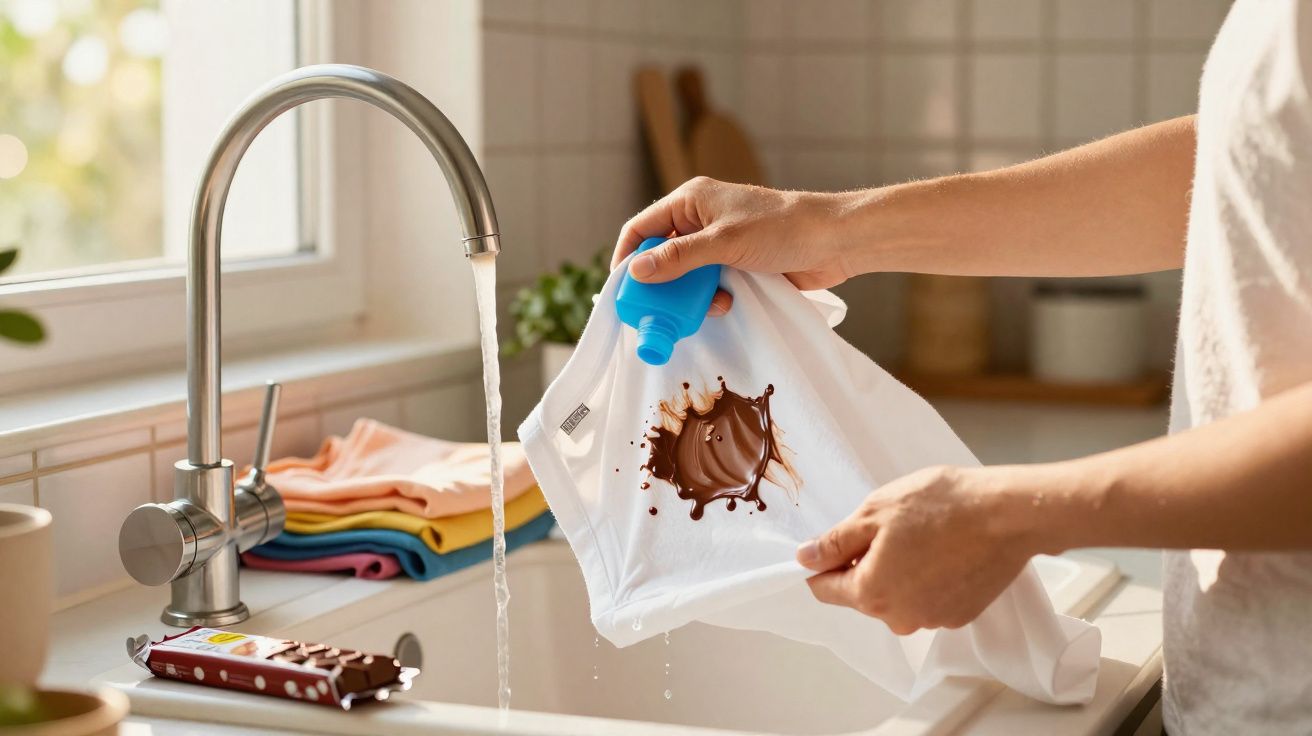Pessoa aplicando removedor em mancha de chocolate em camiseta branca na pia com torneira aberta.