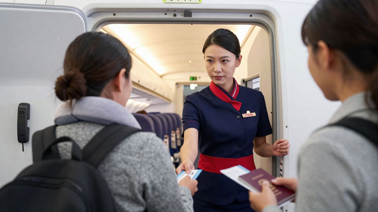 Comissária de bordo conferindo documentos de passageiros antes do embarque em avião.