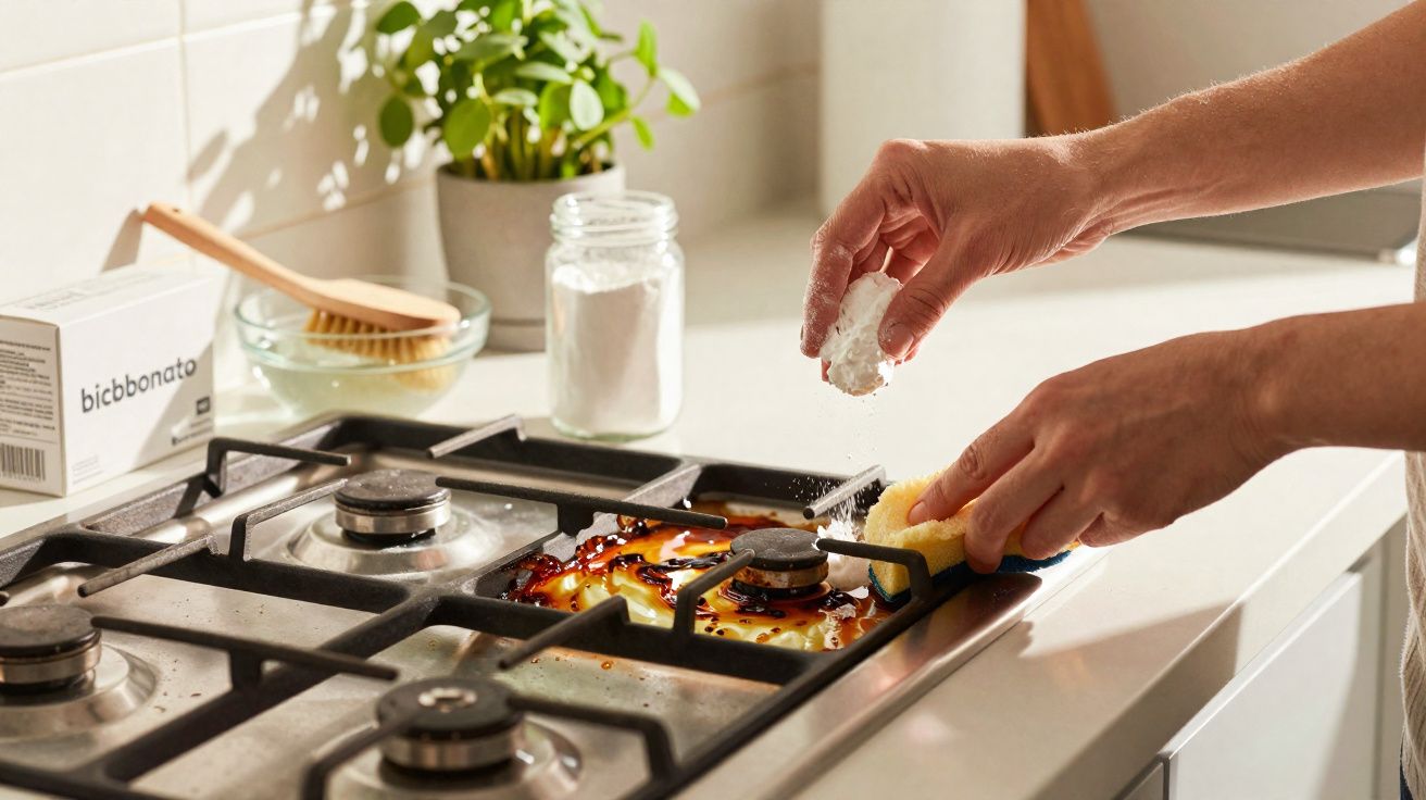 Mãos limpando fogão com esponja e bicarbonato de sódio em cozinha com planta ao fundo.