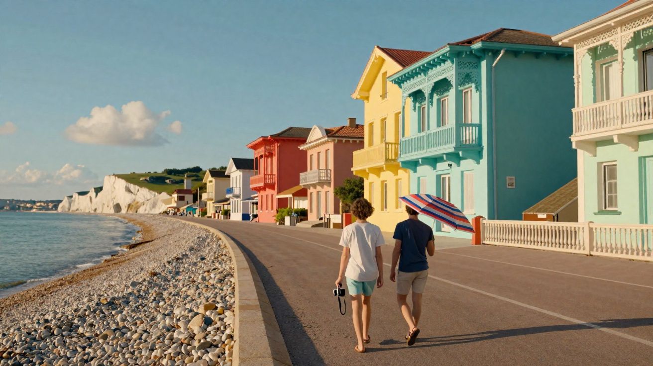 Duas pessoas caminhando na orla com casas coloridas e penhascos brancos ao fundo em dia ensolarado.
