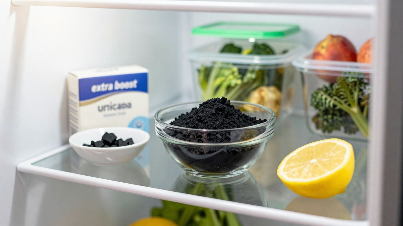 Geladeira com recipiente de vidro contendo pó preto, limão cortado e vegetais em potes transparentes.