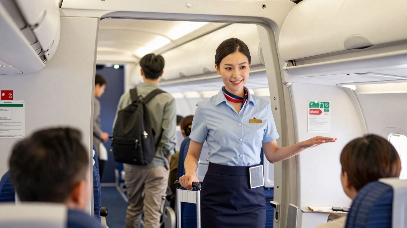 Comissária de bordo sorrindo enquanto guia passageiros dentro do avião.