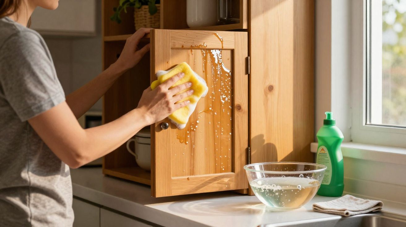 Pessoa limpando a porta de armário de madeira na cozinha com esponja amarela e água com sabão.