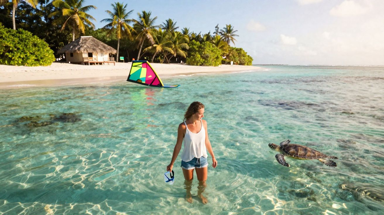 Mulher com roupa casual em água rasa transparente de praia tropical com tartaruga marinha nadando ao lado.