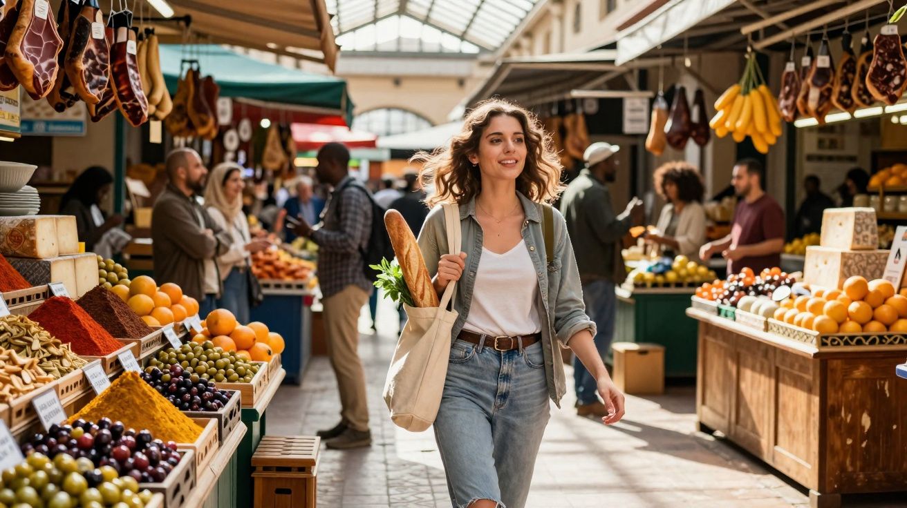 Mulher sorridente caminhando com mochila e pão em mercado coberto com frutas e queijos à venda.