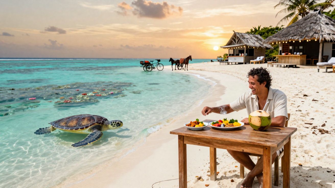 Homem sorridente almoçando na praia próxima a uma tartaruga marinha na água durante pôr do sol.