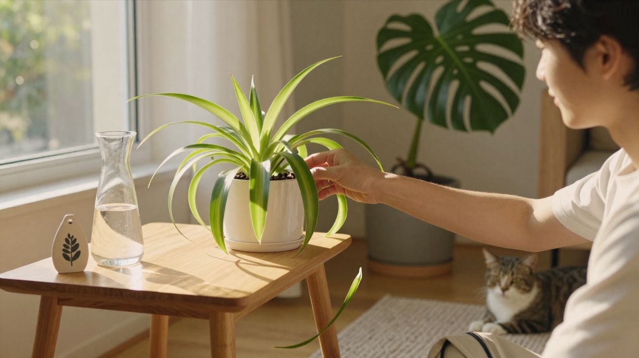 Pessoa cuidando de planta em vaso sobre mesa de madeira com gato ao fundo em ambiente iluminado pelo sol.
