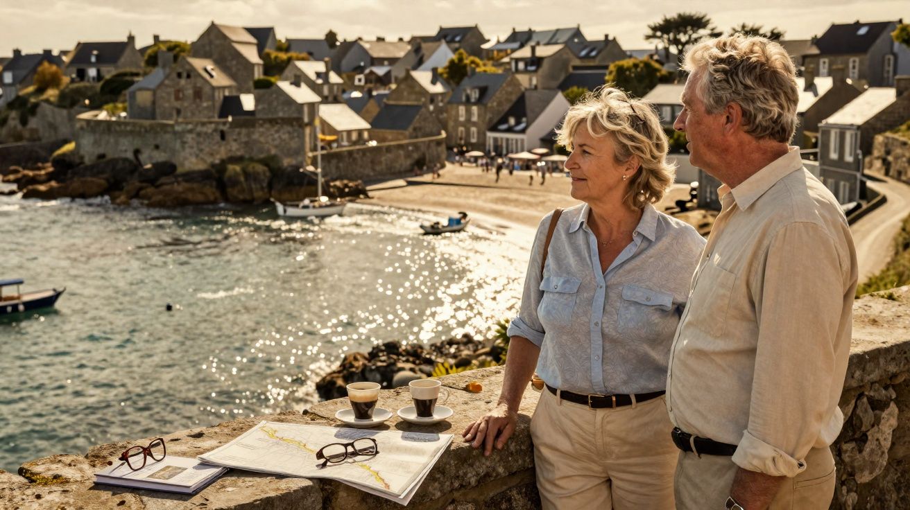 Casal de idosos observando a paisagem de vilarejo costeiro com mar e barcos ao fundo.
