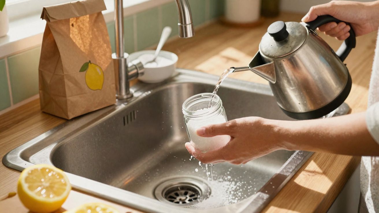 Pessoa despejando água quente de chaleira em pote de vidro sobre pia de cozinha iluminada.