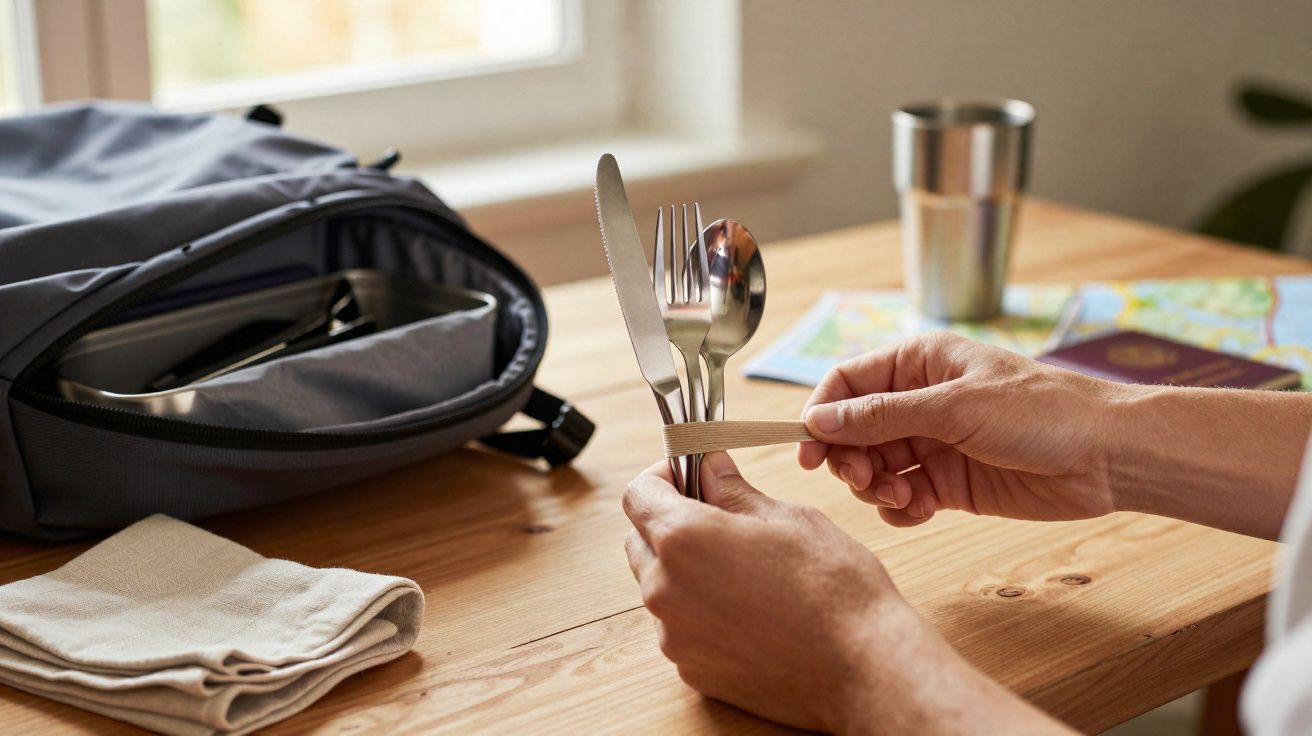 Pessoa organizando talheres com suporte de bambu sobre mesa com mochila, copo, mapa e passaporte ao fundo.