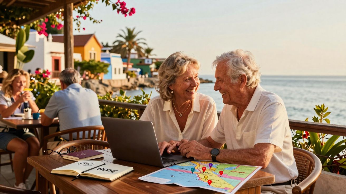 Casal idoso sorrindo, planejando viagem com laptop e mapa em mesa à beira-mar em café ao ar livre.