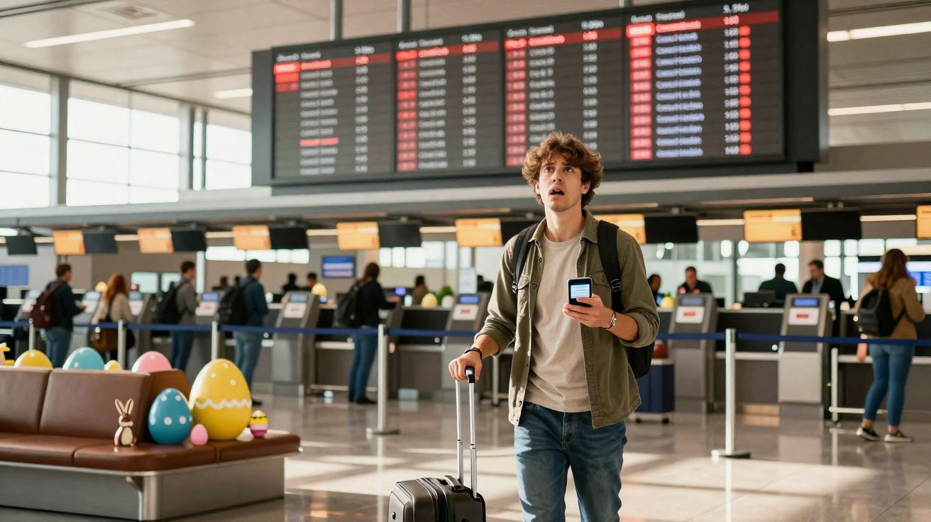 Jovem com mala e celular olhando para o painel de voos em aeroporto decorado com ovos de Páscoa.