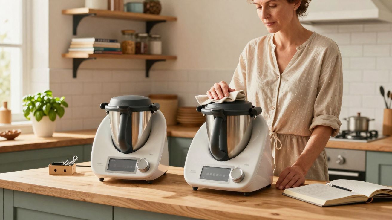 Mulher limpando tampa de processador de alimentos em cozinha moderna com dois aparelhos sobre bancada de madeira.