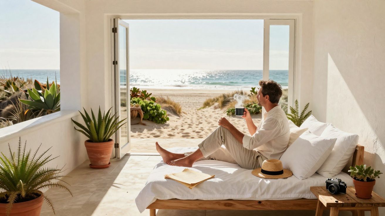 Homem sentado em cama perto da porta aberta com vista para praia, segurando xícara de café fumegante.