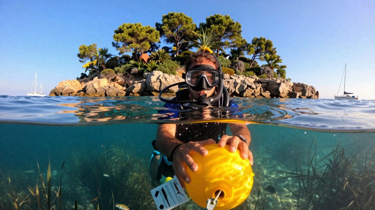 Mergulhador com equipamentos segurando bóia amarela em águas transparentes próximo a ilha rochosa com vegetação e barcos ao f