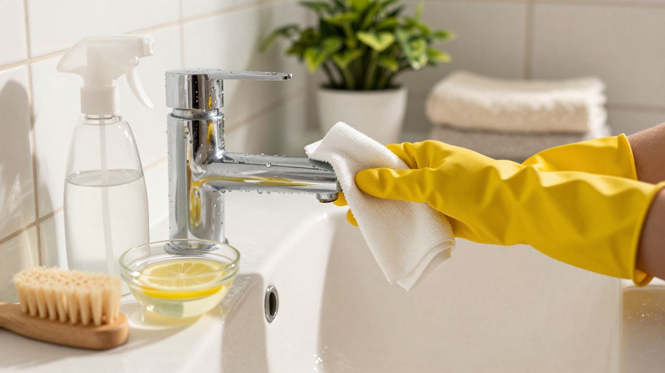 Pessoa usando luvas amarelas limpando torneira cromada de pia branca com pano branco, ao lado spray, escova e tigela com limã