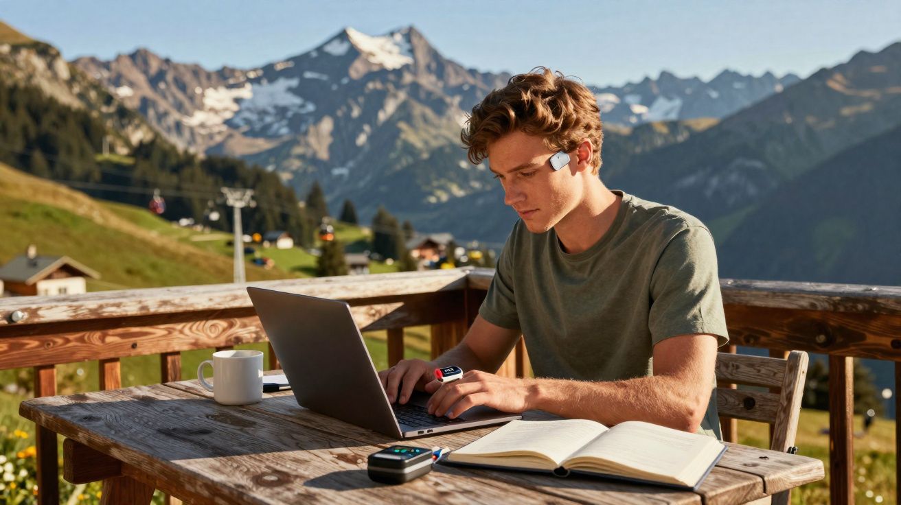 Jovem trabalhando com laptop e acessórios tecnológicos em mesa ao ar livre com montanhas ao fundo.