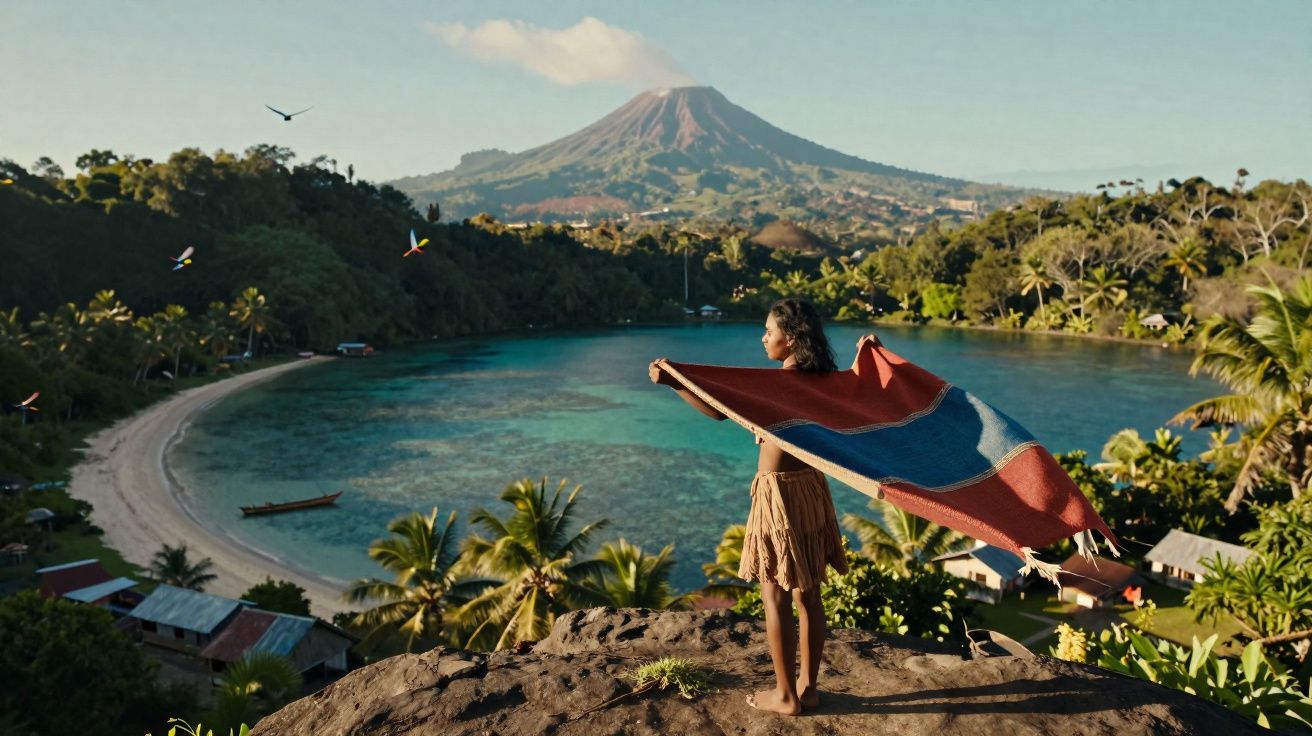 Garota em penhasco segurando tecido colorido com baía, coqueiros e vulcão ao fundo ao entardecer.